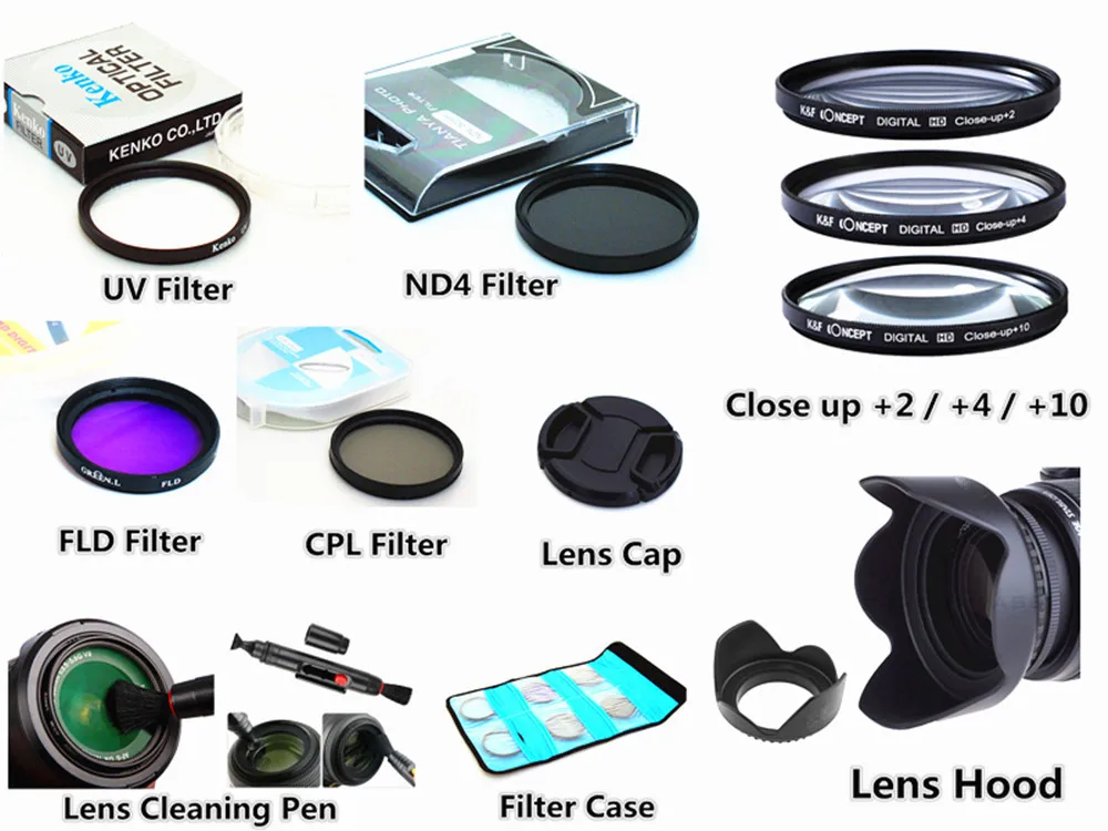 

Filter set UV CPL ND4 Close up +2 +4 +8 + Lens Hood + Lens Cap + Cleaning pen + Filter case for Panasonic Lumix FZ70 FZ72 camera