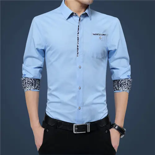 Для мужчин Slim Fit Solid Dress рубашки печати шить Мужской Повседневная рубашка с длинным рукавом плюс Размеры 4XL 5XL человек хлопок топ XT528 - Цвет: LightBlue