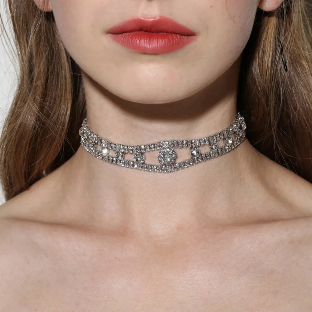 Pretty Clear Austrian Rhinestone Chokers For Women Short Silver Color