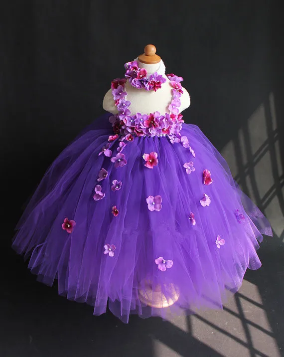 Красивое фиолетовое платье-пачка с лепестками цветов для девочек; детское Пышное Тюлевое платье для свадебной вечеринки с повязкой на голову; детские длинные юбки-пачки «кроше»