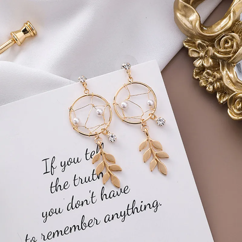 

New Personality Metal Net Simulated Pearl Hollow Round Circle Pendientes Mujer Fashion Leaf Rhinestone Drop Earrings Jewelry