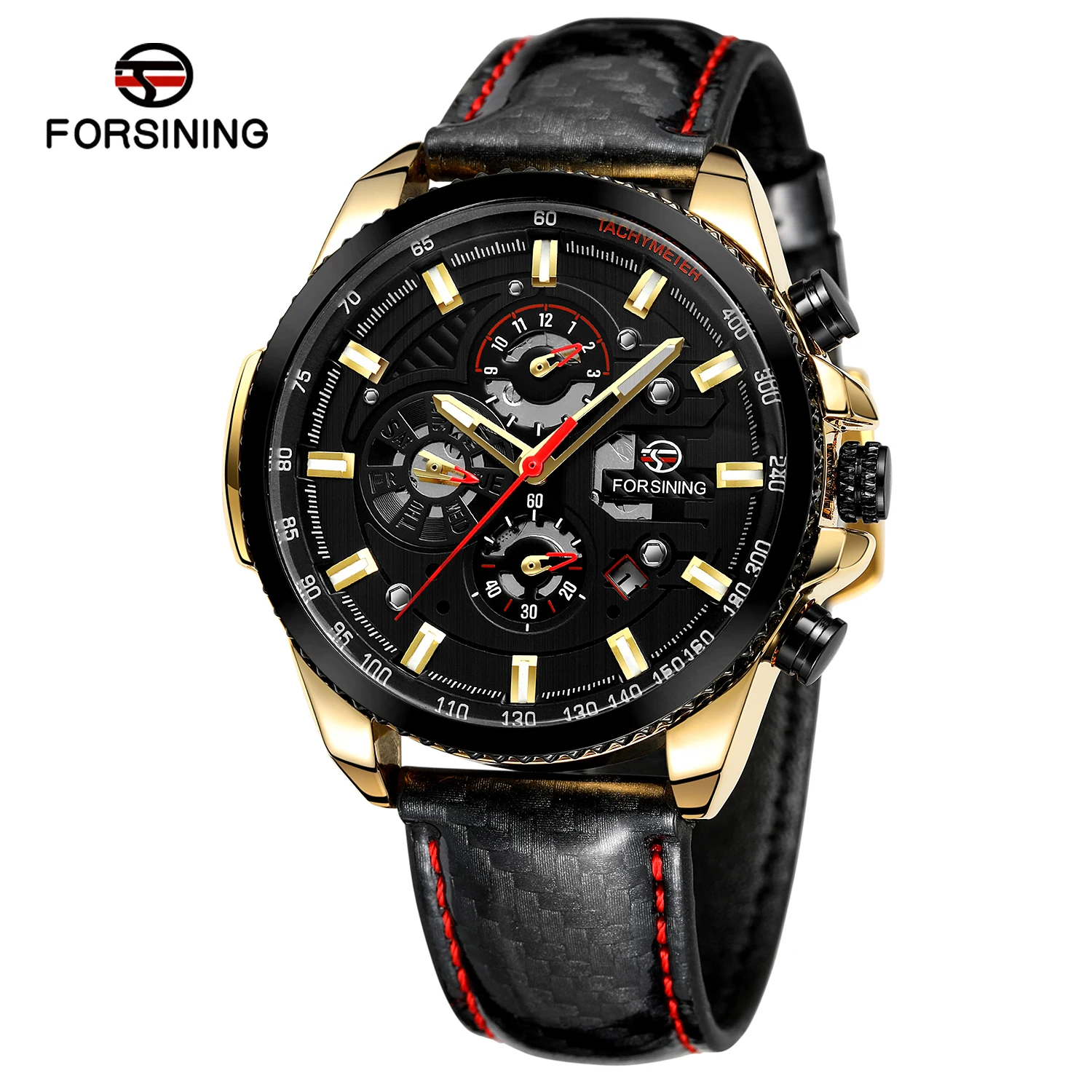 Forsining Three Dial Calendar Display Black Men Automatic Leather strap Wrist Watch Top Brand Luxury Military Sport Male Clock