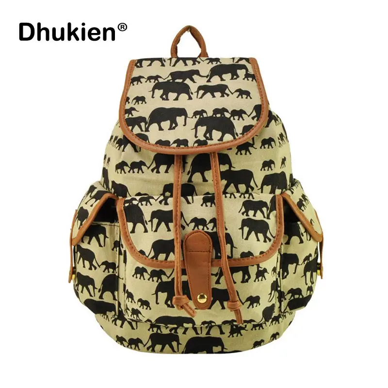 

New Soft Women School Backpack for Teenage Girls Canvas Bucket Bag Drawstring Elephant Animal Printed Bookbag Sac A Dos Femme
