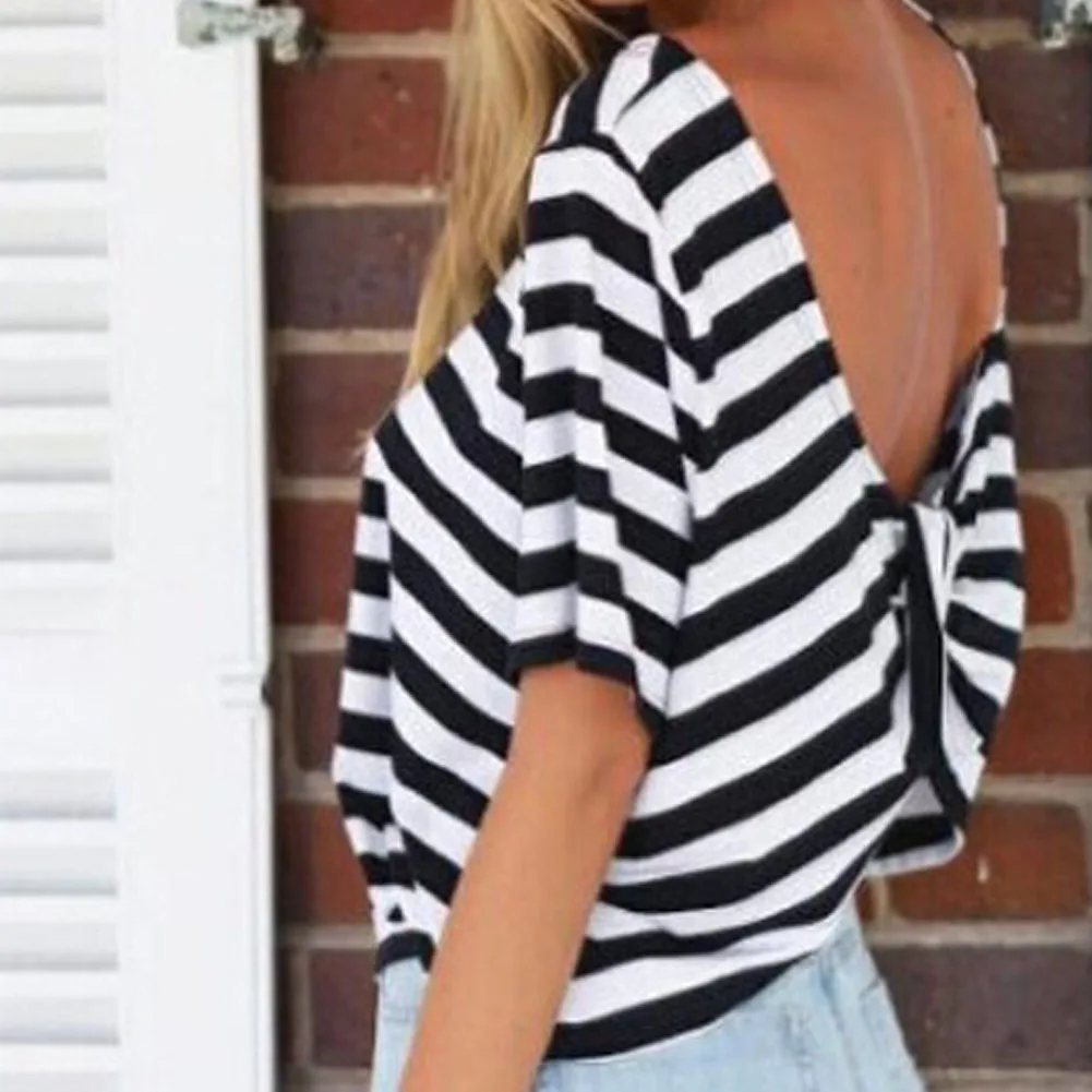 

Newly Summer New Fashion Women's European Style Sexy Back Cross Backless Short Sleeve Striped T-shirt
