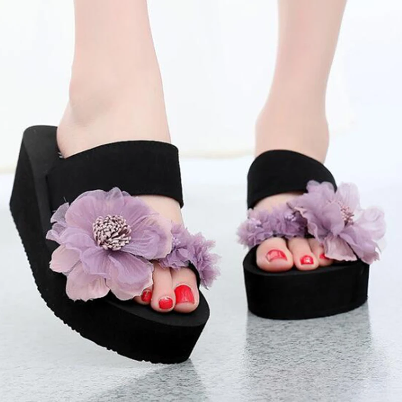 Sandalias de cuña de 6cm para mujer, de dos tiras, plataforma de flores, para verano, - AliExpress