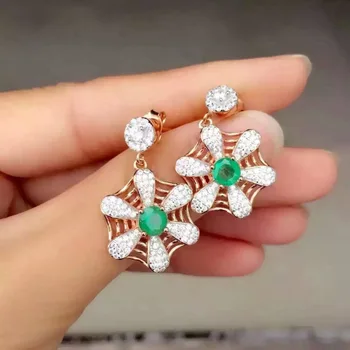 

natural green emerald drop earrings 925 silver Natural gemstone earring women personality flower fine drop earrings for party