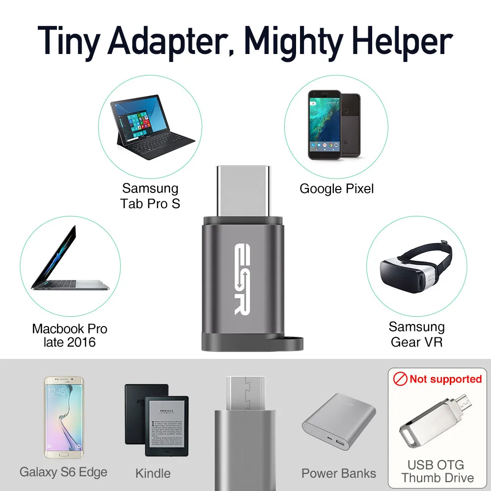 USB-C к Micro USB адаптер [2 шт], ESR Тип C адаптер конвертер Разъем для MacBook Pro, Google Pixel, Pixel XL, HUAWEI mate 9