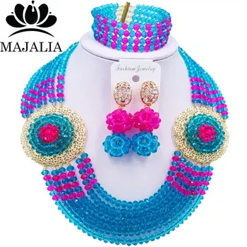

Majalia Romantic Nigeria Wedding African Beads Jewelry Set Lake blue and Hot pink Crystal Necklace Bridal Jewelry Sets 6OP010