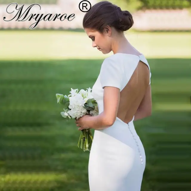 Mryarce Simple Elegant Crepe Wedding Dress With Short Sleeves Open
