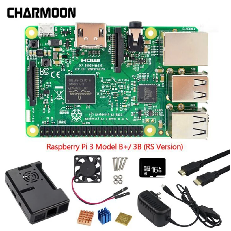 7 шт. Комплект Combo Raspberry Pi 3 Модель B +/3B материнской платы, 16 ГБ MicroSD карты и 5 В 2.5A адаптер, радиаторы, черный корпус и кабель HDMI