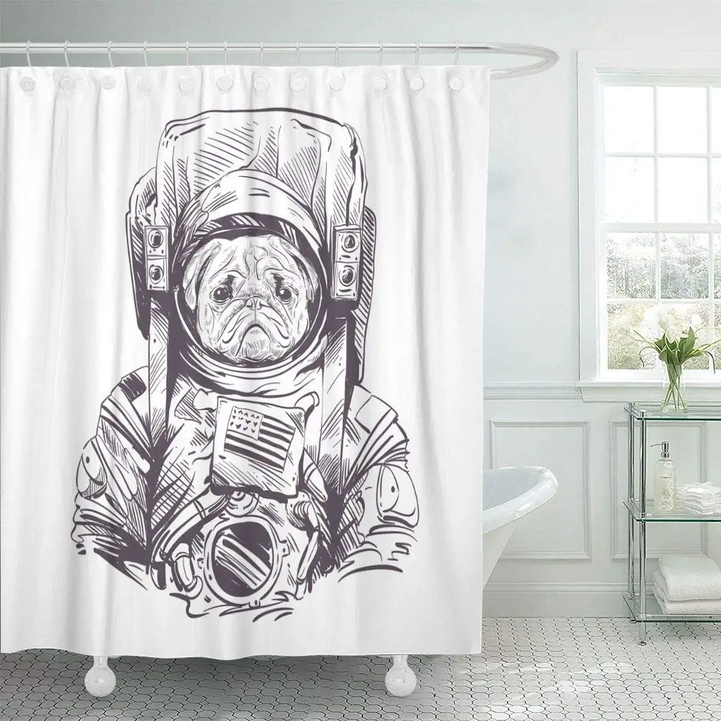 Fabric Shower Curtain with Hooks Space Pug Dog in Astronaut Suit Drawing Animal Bull Comics Alien America Cartoon | Дом и сад