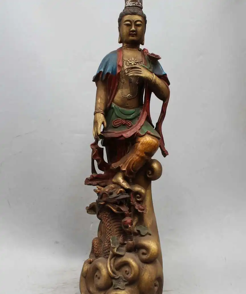

23" Chinese Buddhism Bronze Kwan-yin Guan Yin Goddess Dragon Vase Lotus Statue