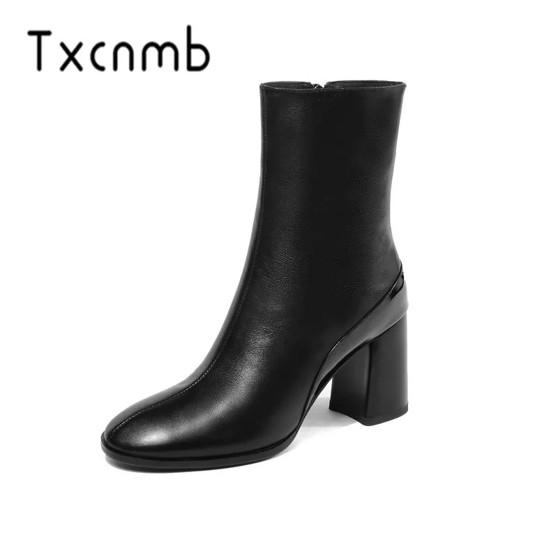 

TXCNMB Fashion Boots Women Ankle Boots Genuine Leather Autumn Winter Warm Chelsea Boots Zipper High Heels Party Shoes Woman