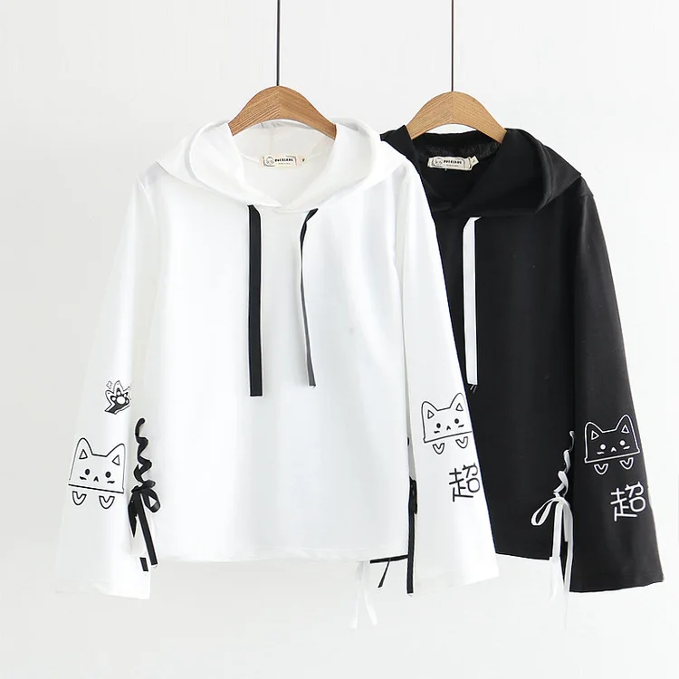  2019 New Autumn And Winter Hoodies Hooded Loose Print Cat Black White Kawaii Japan Style Harajuku H