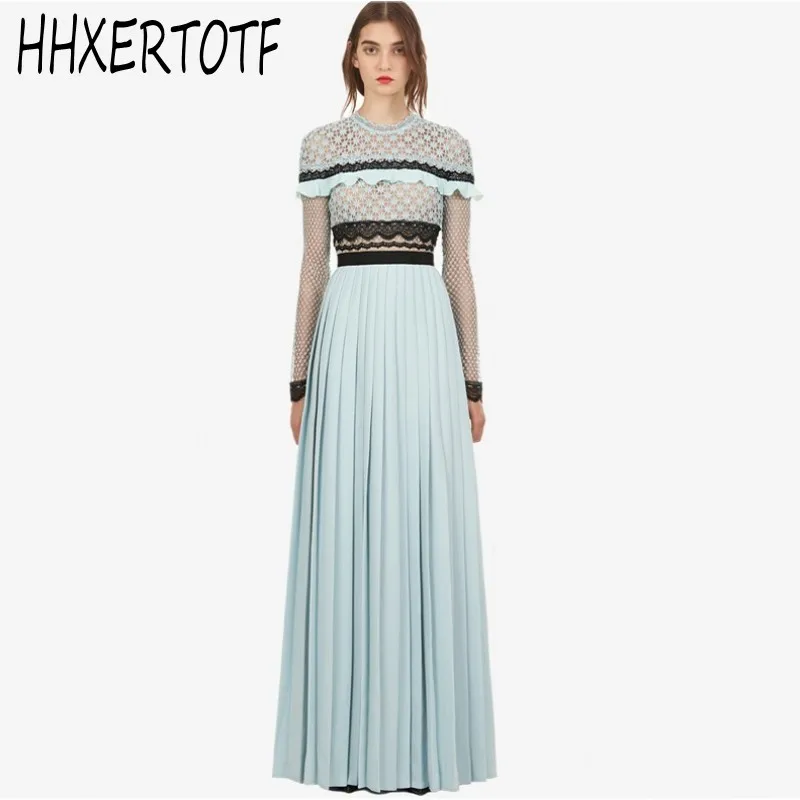 

New 2019 runway fashion women spring designer Dress elegant long sleeve lace Splicing split long long sleeve dress slim c