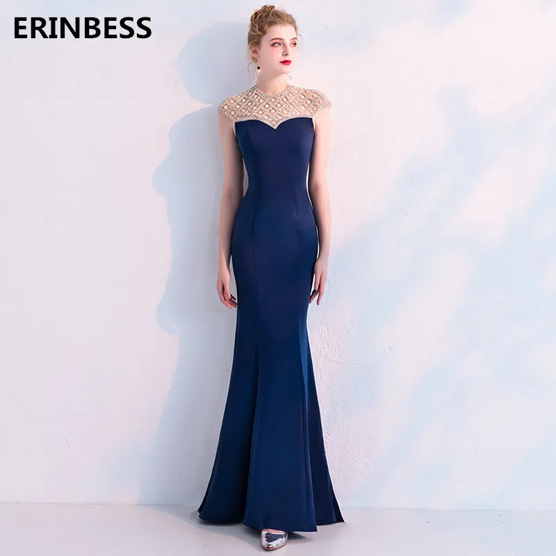 Vestido De Festa 2019 Sexy O-Neck Navy Blue Evening Dresses Long Dress Beading Mermaid Evening Dress Elegant Robe De Soiree