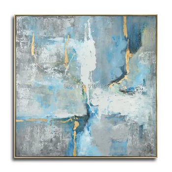 

Hand Painted Abstract Blue and Gold Color Oil Painting on Canvas For House Decoration Modern Oil Painting Wall Art No Frame