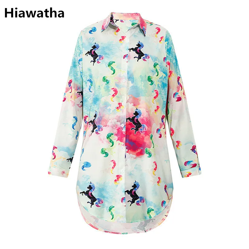 

Hiawatha Camisas Mujer Harajuku Style Colored Chiffon Shirts Women Unicorn Printed Long Sleeve Blouse T4360