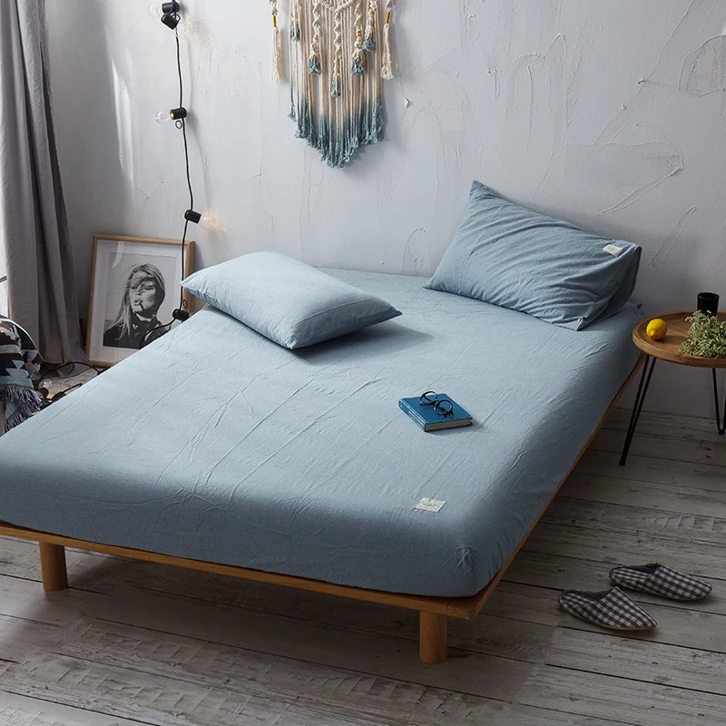 

Blue Solid Color Cotton Bedding Set Brief Bed Linens 3Pcs Flat Sheet Fitted Sheet Pillowcase 180X200+40CM 5 Size Comfortable