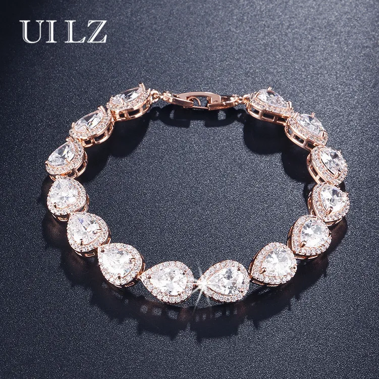 

UILZ Fashion Oval Cubic Zirconia Stone Chain Bracelets Bangles Heart Shape Jewelry For Women Wedding UB099