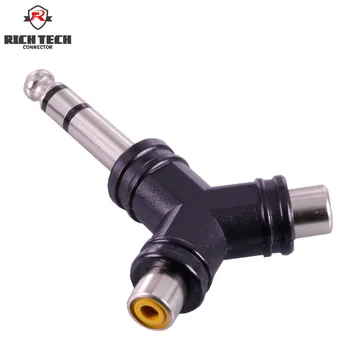 

50pcs Y shape 3poles Stereo 6.35mm jack to 2xRCA jacks Connector Nickel Plated Y 6.35mm male to 2xRCA female Audio Converter