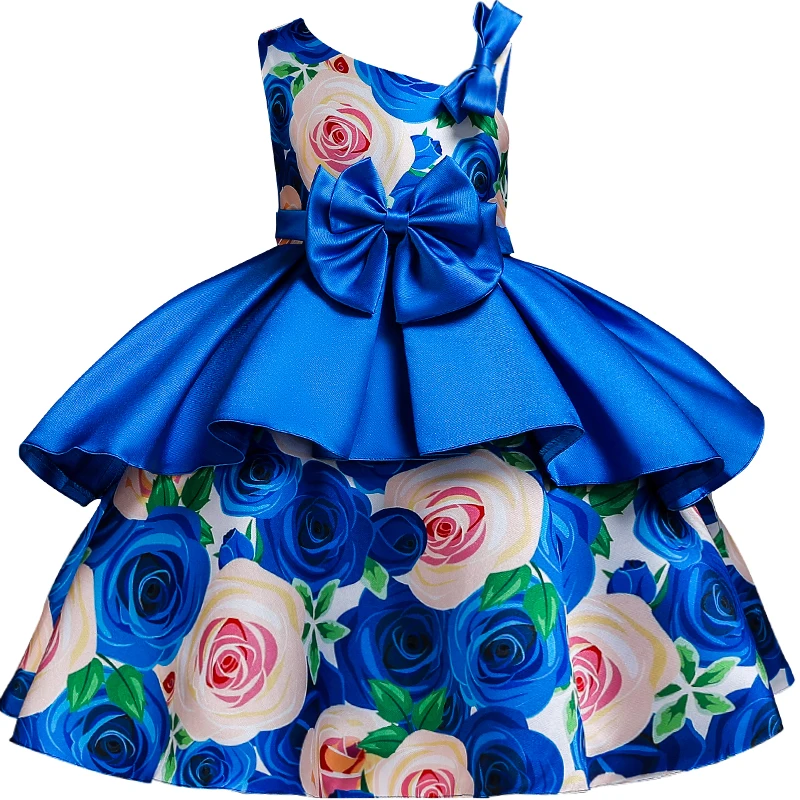 

Kids Flower Stain Silk Dresses for Girls Elegant Children Clothes Dress Princess Brithday Wedding Party Baby Girl Dress With Bow