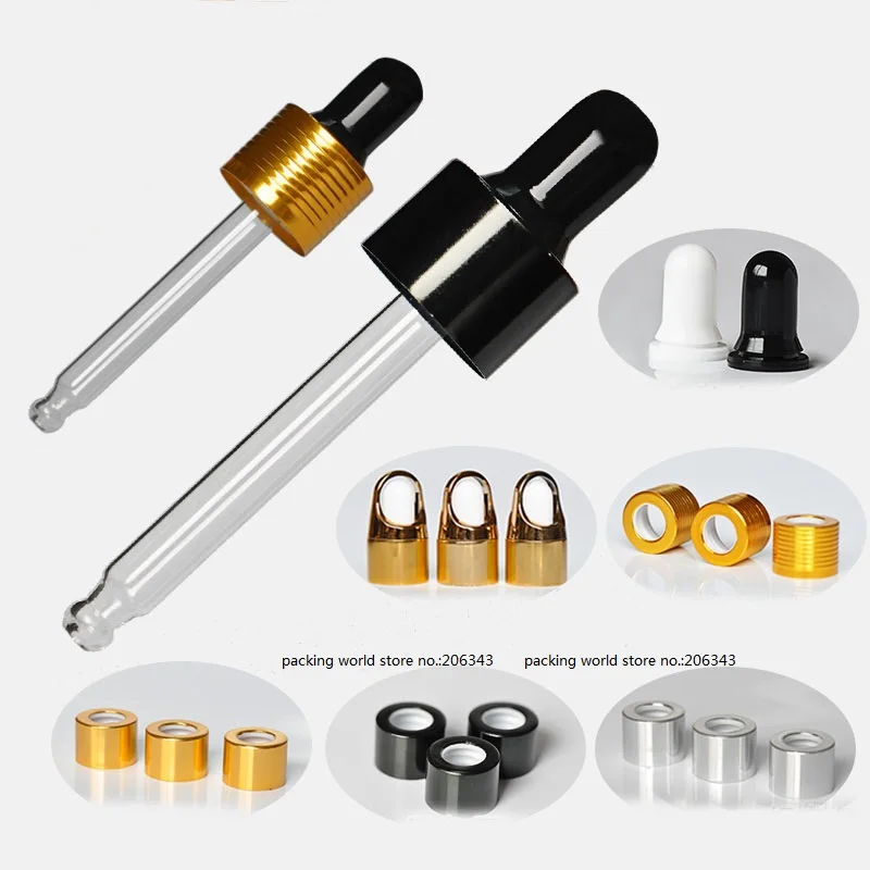 

5ml-100ml 18/410 gold/silver/black aluminum dropper lid white/black bulb glass tube for essential oil bottle
