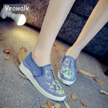 Veowalk/новые женские льняные парусиновые слипоны с цветочной вышивкой, удобные лоферы, тканевая Женская Классическая Повседневная обувь на плоской подошве с низким верхом