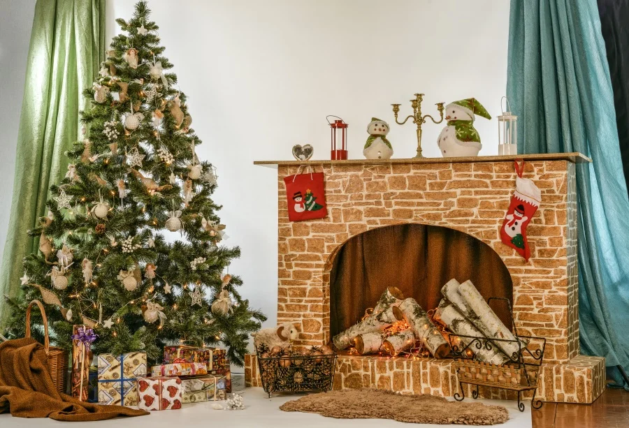 

Laeacco Photo Backdrops Christmas Tree Fireplace Gift Wood Sock Snowman Curtain Photographic Backgrounds Photocall Photo Studio