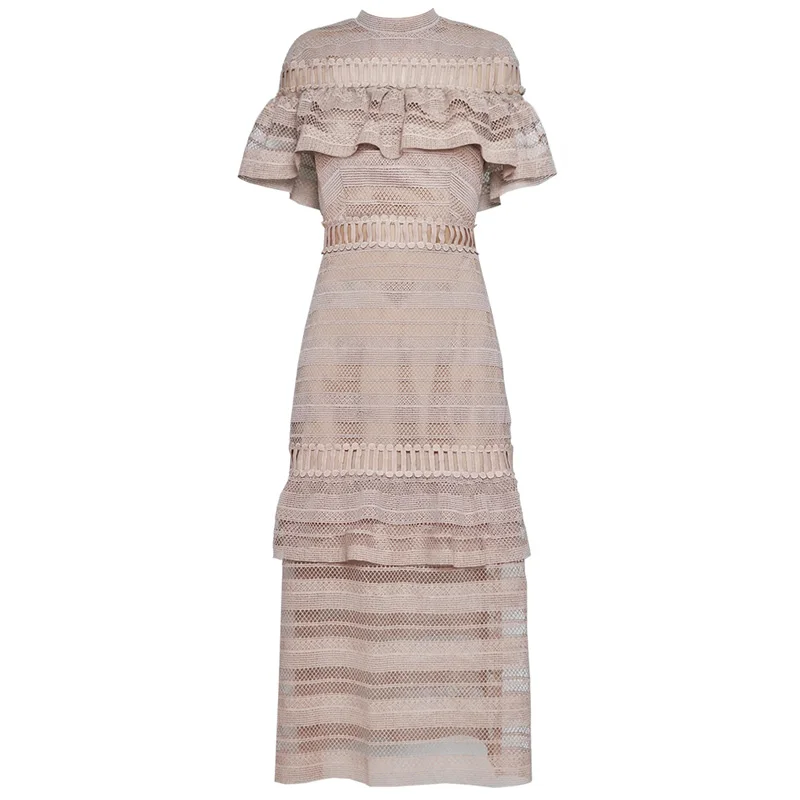 

fashion clothing women 2018 khaki crochet maxi cape dress sexy see through hollow out stand collar ruffle sheath long dress