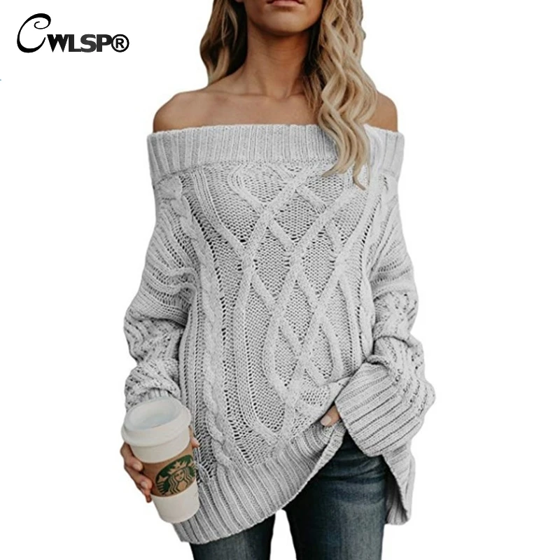 

CWLSP 2018 Autumn Slash Neck Sweater For Women Keep Warm Knit Cross Long Pullover 3 Color Coat Pull Femme Loose Cloth QZ3093