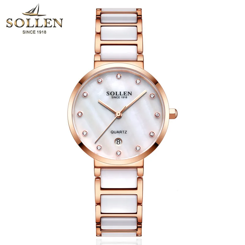 

SOLLEN Luxury Brand Ceramics Watch Fashion Dress Crystal Rose Gold Quartz Women Watches Calendar Waterproof Wristwatches relogio