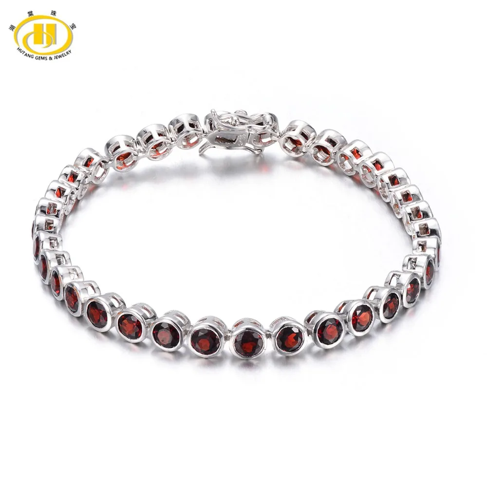 

Hutang 11.9Ct Natural Garnet Link Bracelet Solid 925 Sterling Silver women's Round Gemstone Bezel Set Fine Jewelry 7.0
