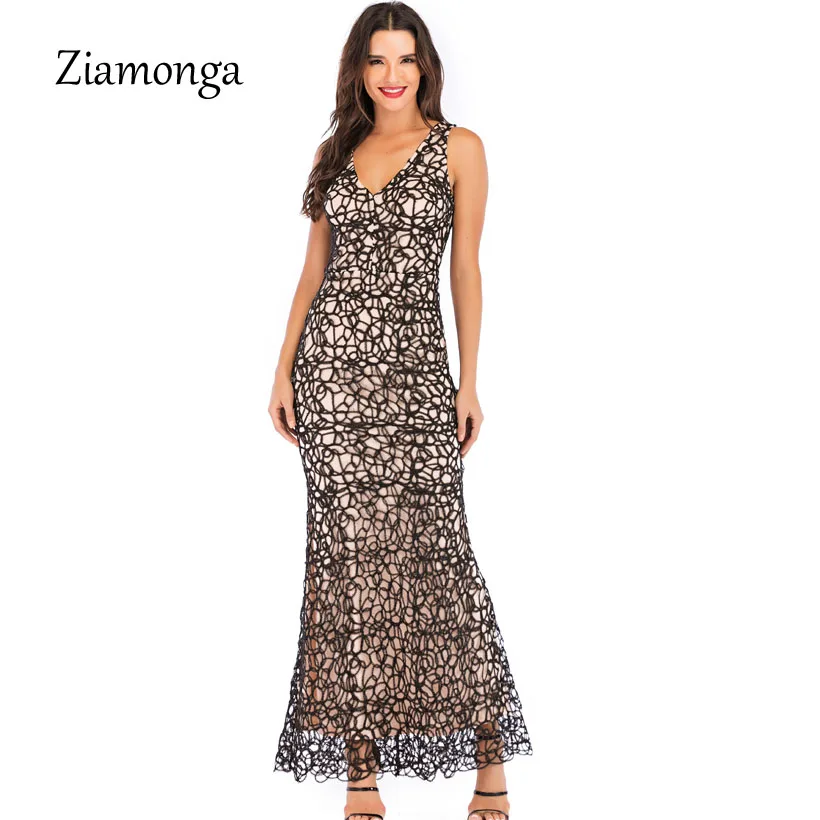 Ziamonga кружевное платье Модная одежда Vetements Сарафан Vestidos Longo Jurken женская одежда макси длинное платье элегантное женское платье - Цвет: Black