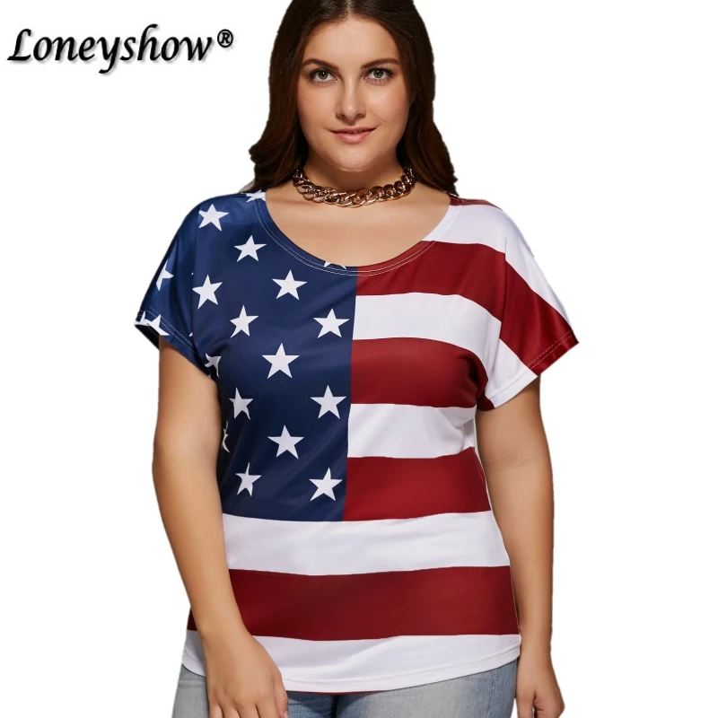 Plus Size Fashion American Flag Pattern Women Casual T Shirt Top Stars