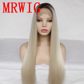 

MRWIG Short Dark Roots Brown Ombre Blonde #0809 Long Straight Synthetic Glueless Front Hair Wig For Woman