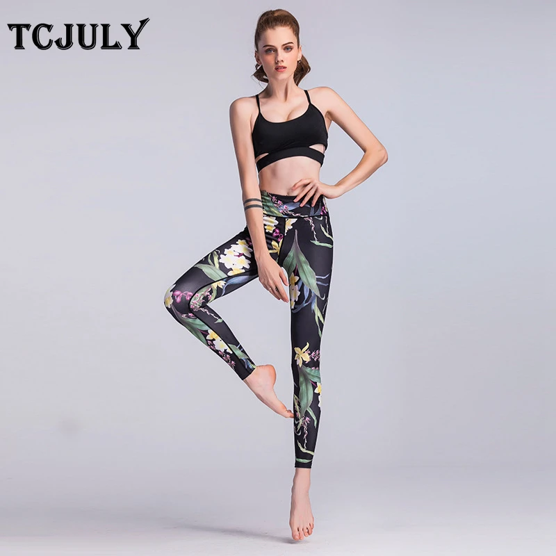 TCJULY модные Broadcloth Высокая талия с цветочным принтом для женщин тренировки Леггинсы для быстросохнущая облегающие эластичные брюки Тощий Push