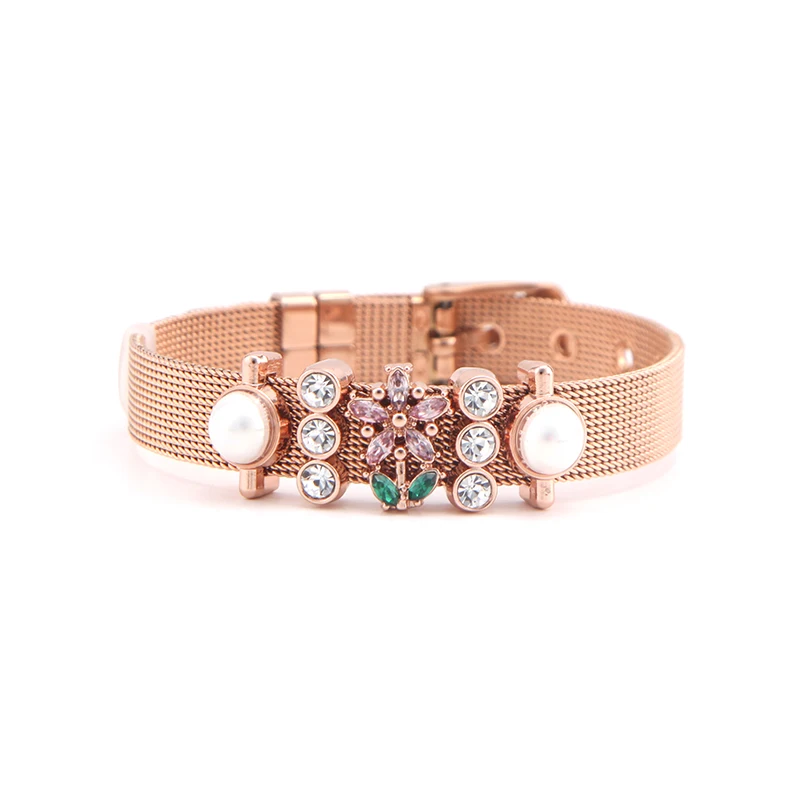 Dropshipping Somsoar Jewelry Rose Gold Flower Mom Mesh Slide Charm Bracelet Stainless Steel Bracelet for Mother's Day Gift