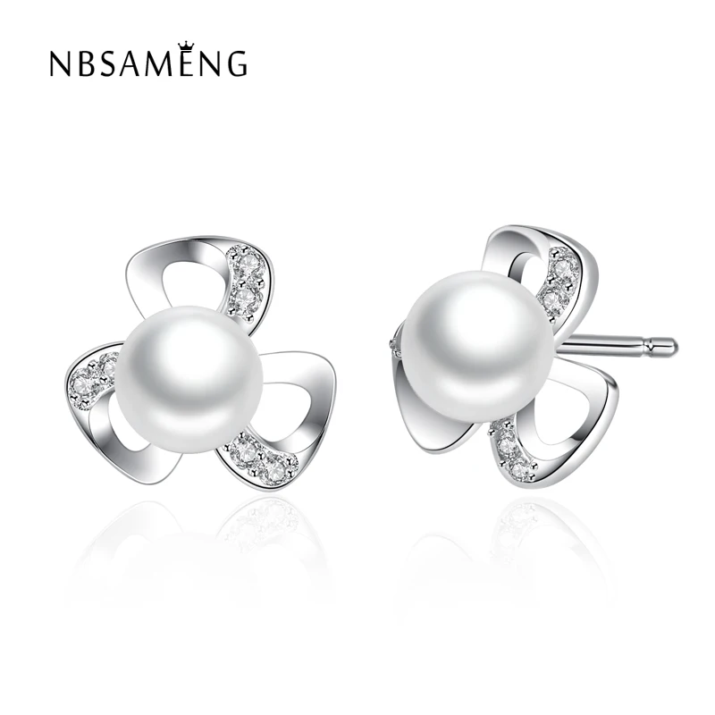 

2017 Real 925 Sterling Silver White Color Women Earrings Fashion Pearl Leaf & Cat Shape Earring For Wedding Jewelry