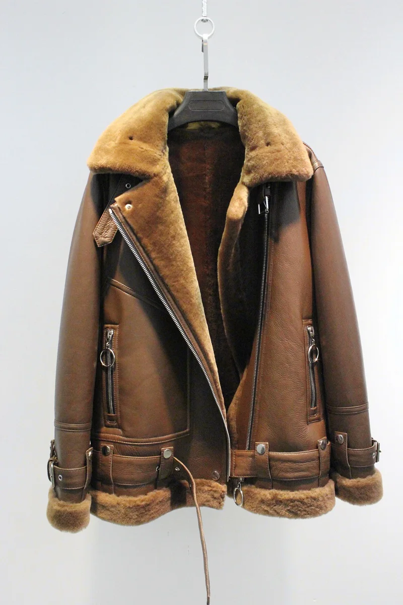 

women's fashion luxury shearling wool sheep fur sheepskin loose design coat biker jacket