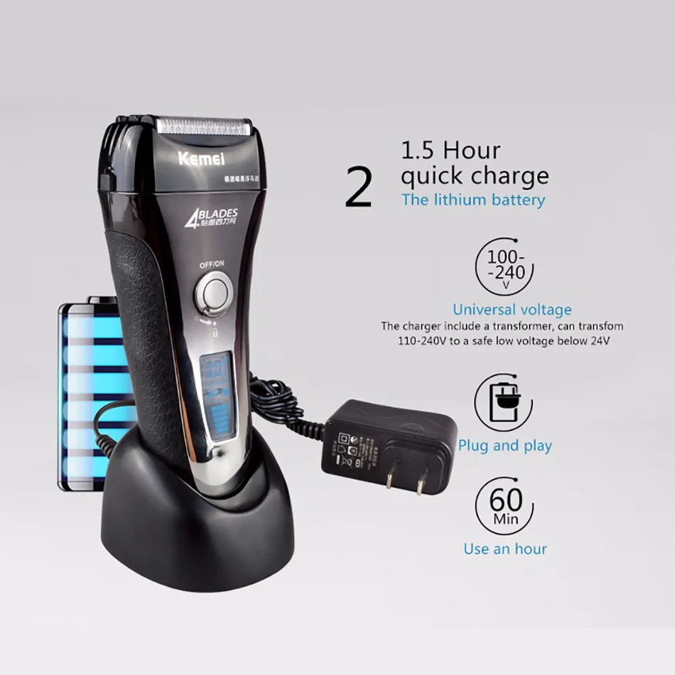 Kemei  Waterproof IPX6 LCD Display Rechargeable Electric Reciprocating Shaver 4D Floating Shaving Razor For Men Face Care
