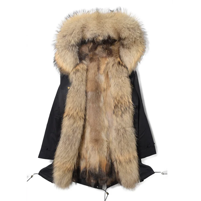 Black Coat Парка с капюшоном из натурального меха енота, длинный воротник из меха енота, новое зимнее теплое пальто, толстая парка из натурального меха, Женская куртка из натурального меха - Цвет: Black Coat