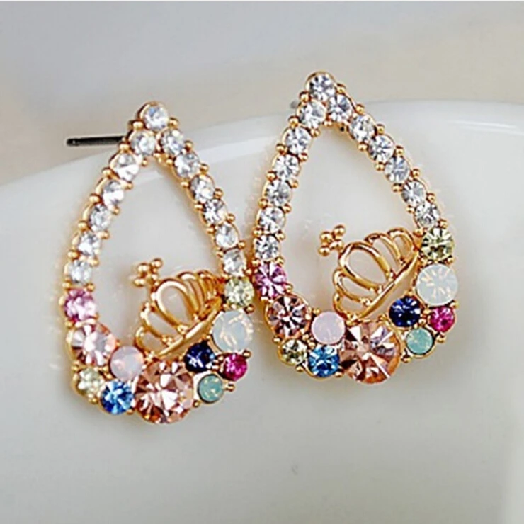 

Korean Hollow Crown Multicolor Crystal Tear Stud Earrings E105