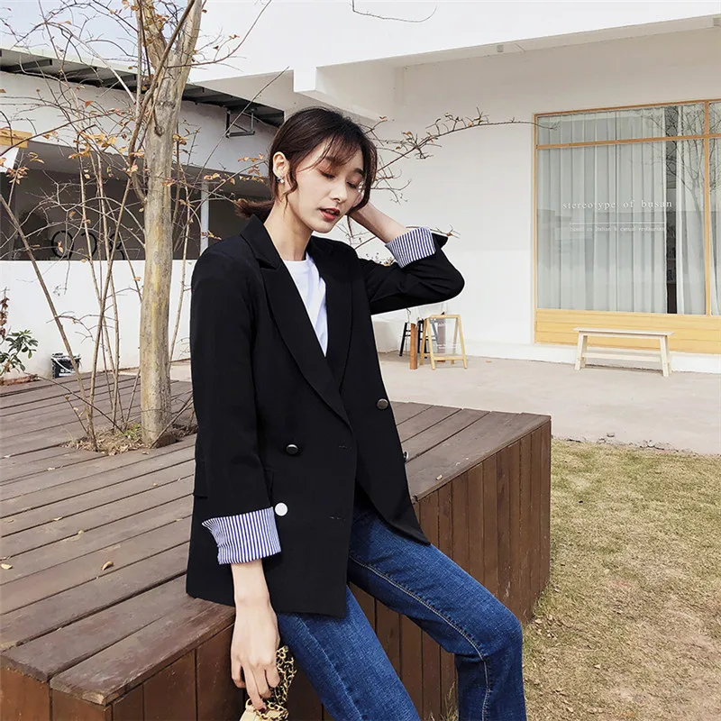 

CBAFU spring autumn black double breasted blazer women long sleeve formal casual jacket outwear suit coat fashion vintage P236