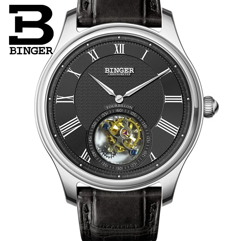 Высококачественные деловые часы BINGER Seagull Tourbillon, механические часы с крокодиловым кожаным ремешком, сапфировые Мужские автоматические часы