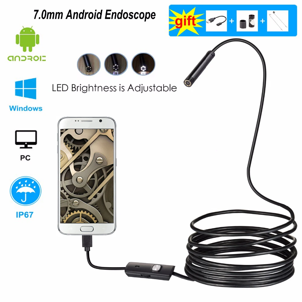 

7mm 1/2/5m Flexible Snake Inspection Camera Waterproof Video Borescope for Smartphone USB Windows PC Endoscope Camera