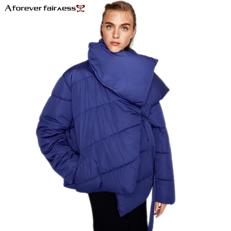 

A Forever 2018 Winter Women Loose Coat Big Lapel Collar Side Lace Up Asymmetry Thicker Cotton Coat Blue Warm Outerwear M-613