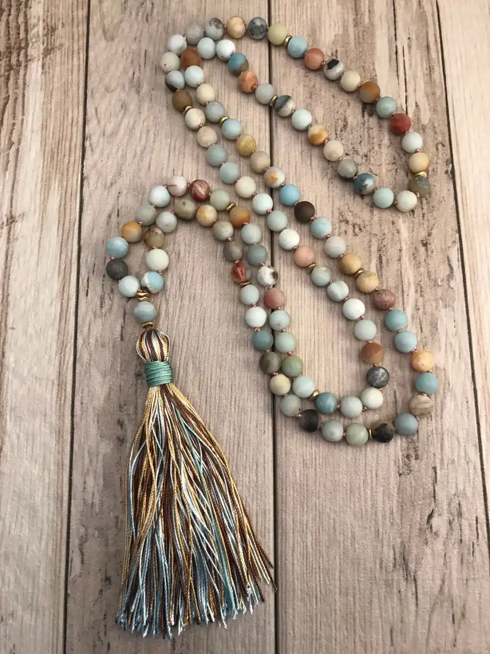Hand-Knotted White Howlite-Black Onyx-Agate Meditation Healing Mala with Silk Tassel and Om Charm