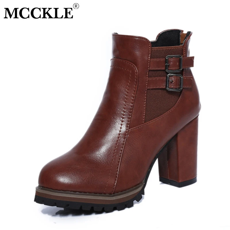 

MCCKLE Plus Size Ankle Boots Platforom Women High Heels Elastic Band Short Botas Buckle Thick Heel Zipper Casual Autumn Shoes