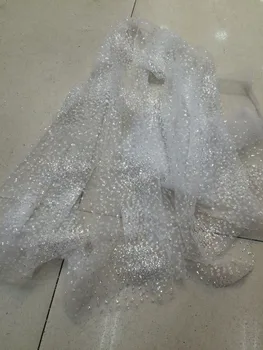

White Crystal Glitter Sequin Embroidery French Mesh Lace Latest African Laces 2019 Glued Glitter Tulle Net Lace Fabric